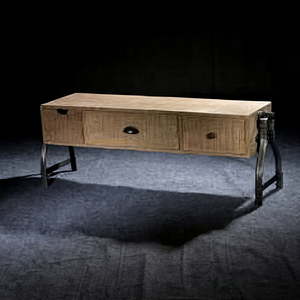 Meuble TV en bois et fer, petit modèle avec trois tiroirs frontaux en rotin, console multimédia de style industriel pour salon - Product Image 6