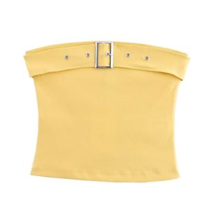 Haut bustier jaune respirant avec boucle argentée et détails à œillets, ajusté pour un usage décontracté - Product Image 2