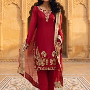 Robe décontractée marron avec kurta brodée, palazzo et dupatta - Product Image 6
