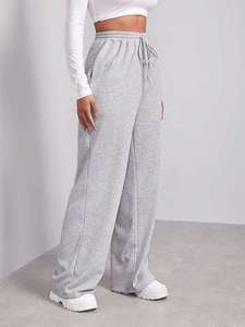 Pantalon de survêtement gris en coton pour femme, taille haute, coupe large, avec cordon de serrage, décontracté, ample, longueur intégrale, couleur unie - Product Image 4