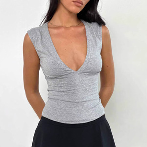 Camiseta sin Mangas con Cuello en V Profundo para Mujer, Modelo TS-032, Informal, de Punto, de Algodón, Ajustada, de Color Sólido, para Verano - Product Image 3