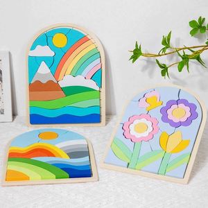 <b>Creative</b> Wooden Toy New Cartoon Cute Flower Rainbow Pattern Color Matching Toddler 3D Puzzle Board - Product Image 4