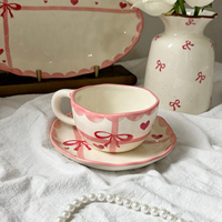 Vaisselle coréenne en céramique rose, motif cœur et nœud, en porcelaine beige, bol et assiette, service de table pour restaurant et maison, cadeaux