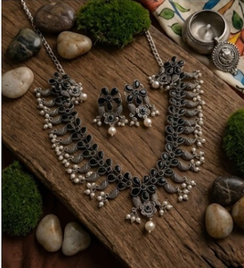 DIVYORO Oxidized <b>Silver</b> Floral <b>Choker</b> Set with Black Stone Elegant Designer Necklace Set with Earrings Statement Fashion Jewelry - Product Image 2