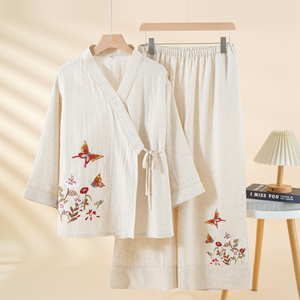 Pigiama da <span class=keywords><strong>Donna</strong></span> in Tencel e Lino di Nuovo Stile, a Maniche Lunghe, con Laccetti e Motivi Floreali, per Primavera Estate Autunno - Product Image 4