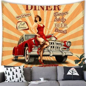Tapiz Vintage Estilo Diner Americano con Estampado Retro de Autos y Camareras, Decoración de Pared con Textura de Piel de Durazno, Ideal para Sala de Estar y Bares - Product Image 2