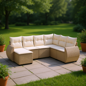 Garden <b>Sofa</b> <b>Set</b> In Beige Pe Rattan Adjustable Feet Outdoor Furniture Contemporary Design High Density Foam Cushions - Product Image 2