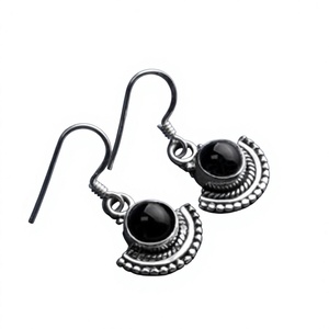 925 Silver <b>Onyx</b> Drop <b>Earrings</b> Bezel Set Moon Shape Vintage Women's Everyday Wear Jewelry - Product Image 1