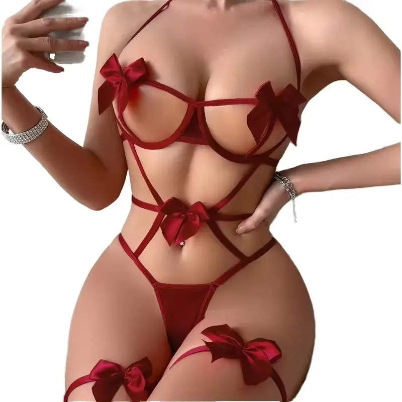 Hot Sale Bandage Red Bow Low-Cup Bra and G-String Lingerie Set Sexy Underwear for Young Ladies and Girls