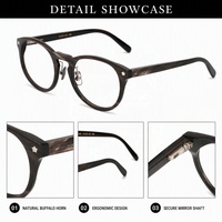 Gafas Hechas a Mano con Montura de Cuerno de Búfalo Puro y Orgánico, Diseño Retro Redondeado, Lentes con Protección Anti Luz Azul y Transición, Ecológicas
