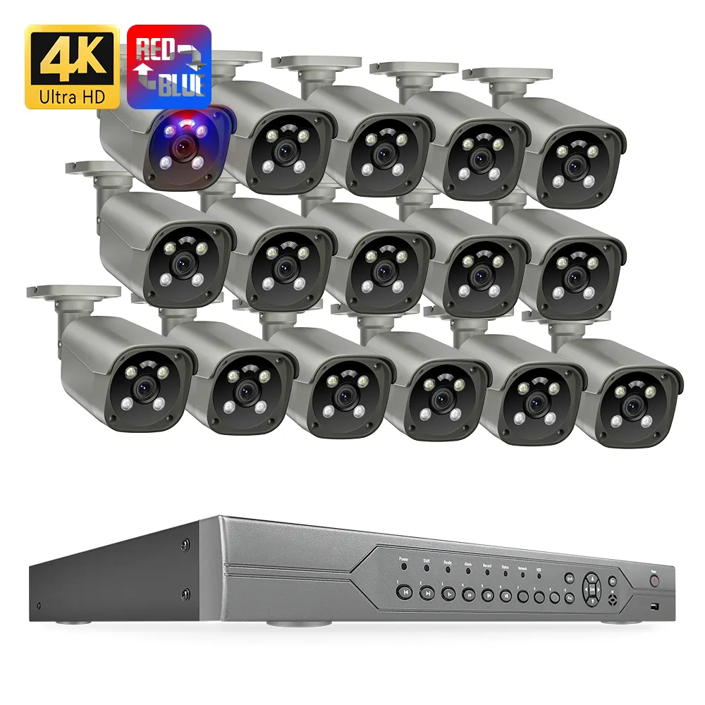 테크티지 NVR 16CH 4K 새로운 기능 레드 블루 라이트 알람 양방향 오디오 8MP PoE 카메라 16CH Xmeye PoE NVR