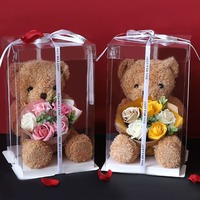 Magnifique bouquet de roses éternelles en savon avec ours en peluche et boîte cadeau en PVC – Idéal pour anniversaire, Saint-Valentin, Thanksgiving, Nouvel An Chinois