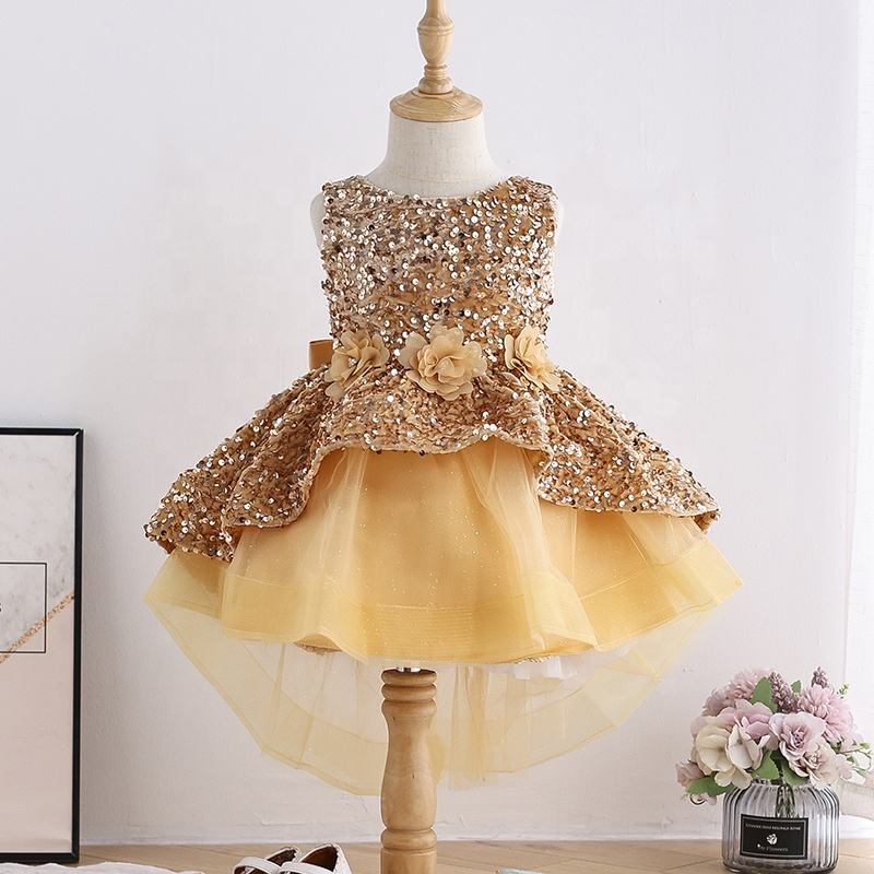 Kids Gold Sequin Fancy Prom Dress Princess Gown Baby Girl's Party Birthday Dresses 