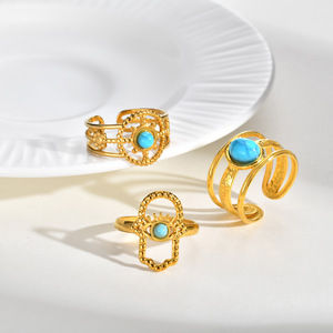 Bague ouverte en acier inoxydable plaqué or 18 carats pour femme, incrustation de turquoise naturelle, Hamsa, yeux de protection, creuse, style vintage bohème, ajustable - Product Image 1