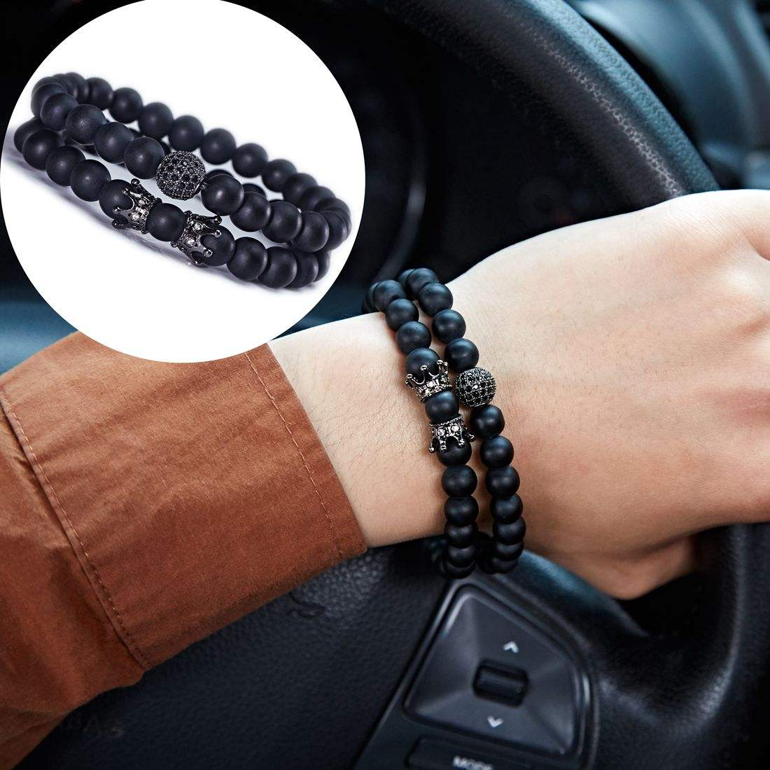2PCS 8mm Crown King Charm Beads Bracelet for Men & Women