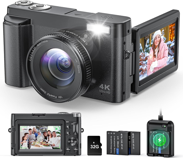 4K Digital Camera 48MP Vlogging Auto Focus 16X Digital Zoom Image Stabilization Built-in Rechargeable Battery 180 Flip Screen SD