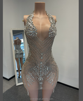 Robe Courte Femme Personnalisée Ocstrade Col Halter en V avec Diamants, Perles et Strass, Robe de Soirée de Luxe, Robe de Club Célébrité en Maille à Franges