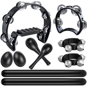 Tambourin à main en forme de croissant avec poignée ergonomique, kit de percussion musicale avec maraca, shaker à œufs et option clochettes de poignet - Product Image 4