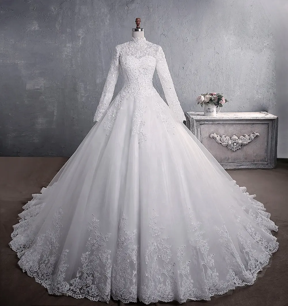 2022 nouveau col debout dentelle robes de mariée blanc mode grande queue robes femmes dame élégant mariage robe de mariée musulmane