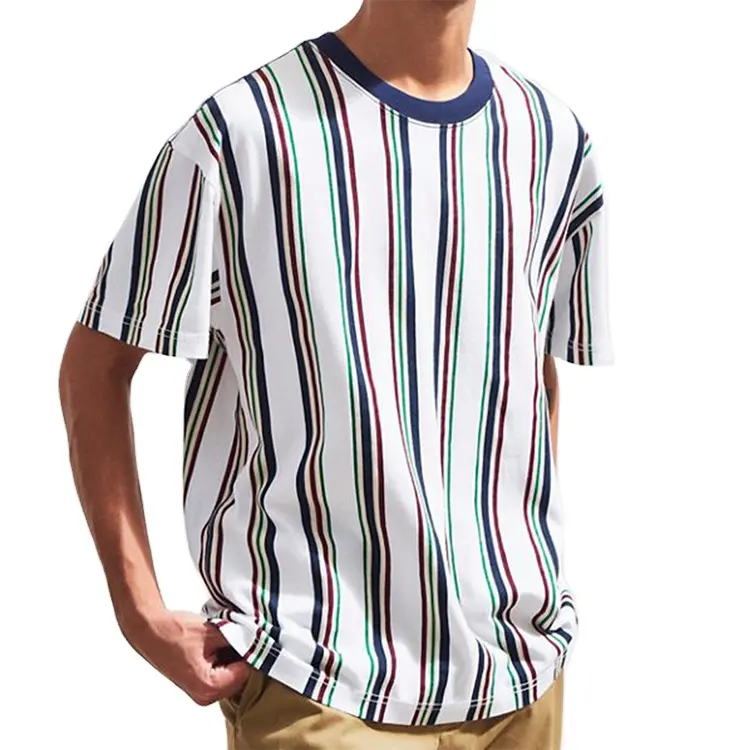 Groothandel Custom 100% Katoen Mens Multicolor Gestreepte T-shirts Mode Marine Hals Casual Tee
