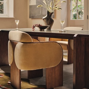 Custom Luxury <b>Solid</b> Oak Dining Set Rectangle Burl <b>Wood</b> Veneer <b>Table</b> & Curved Back Velvet Dining Armchairs For Home Dining Space - Product Image 3