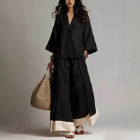 Nouvelle collection 2026 : Ensemble pantalon large et chemise à manches trois-quarts col en V style français en polyester et élasthanne pour femme, idéal pour l'export.