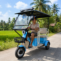 Tricycle électrique SumEV 3 places pour navette de resort, 60V 800W, avec auvent solaire, rideau de pluie et ventilateur, pour le transport des clients d'hôtels insulaires tropicaux