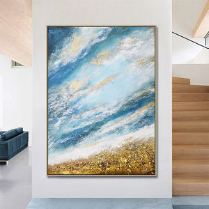Lukisan kanvas Modern buatan tangan seni dinding abstrak Foil emas biru desain pemandangan laut Modern untuk dekorasi rumah seni dinding akrilik - Product Image 4