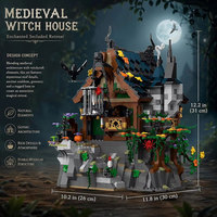 XMORK Blok Bangunan Rumah Penyihir Abad Pertengahan 1964Pcs Model Pemandangan Jalanan Seram Halloween Dengan Dekorasi Laba-laba Labu Hadiah Natal