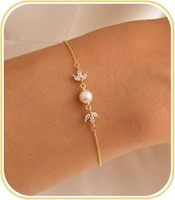 Bracelet manchette en laiton plaqué or 14 carats avec zircon et perle, style européen-américain chic et décontracté, cadeau tendance pour femme, accessoire de plage