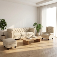 Sofa Krim Mewah dengan Panel Samping Berwarna Emas Tekstur Bergaris Furnitur Mewah untuk Hunian Villa