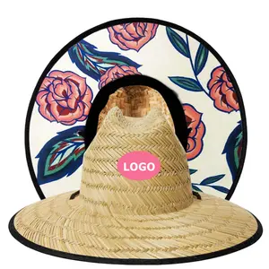 Sombrero de paja con logotipo personalizado para hombre y mujer, gorra de playa de surf para adultos, protector de césped calado natural, a granel