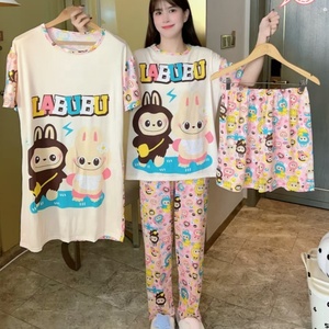 Conjunto de Pijamas Femininos de 4 Peças para o Verão com Camiseta de Manga Curta e Calças com Estampa de Desenhos Animados - Product Image 3