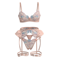 Ensemble de lingerie sexy 3 pièces en dentelle florale avec soutien-gorge à armatures 3/4 push-up, bretelles réglables et convertibles, et string transparent - Lingerie féminine