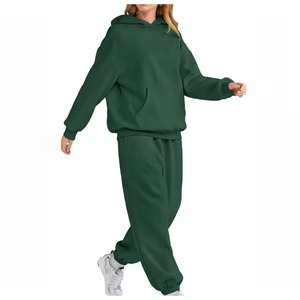 Ensemble sweat-shirt à capuche et pantalon vert pour femme, coupe ample, décontracté, deux pièces, couleur unie, matière polaire - Product Image 6