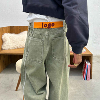 Jeans en denim à jambes larges, bordure blanche, coutures courbes, lavage enzymatique, vert vintage, coupe ample, bouton, taille mi-haute, rivet, homme