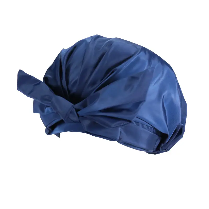 Grosir warna polos elastis Logo kustom topi tidur busur simpul malam sutra Satin rambut Bonnet untuk wanita