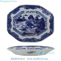 RXBP10-A-L/ RXBP10-B-S Assiette en céramique bleue et blanche de Jingdezhen, motif paysager peint à la main, plat octogonal en porcelaine