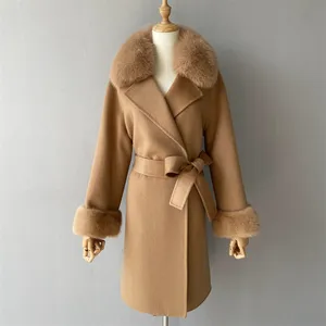Manteau double face en cachemire ceinture de luxe col en fourrure de renard véritable vente en gros automne couleur unie hiver femmes fournisseur coréen manteau de laine