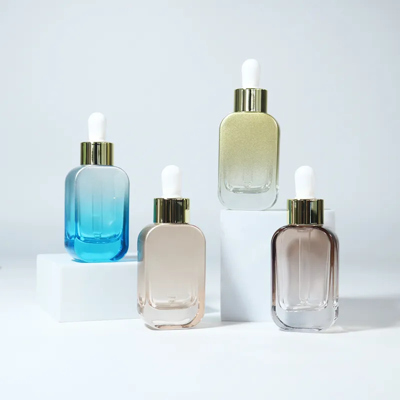 Hautpflegeverpackung quadratisch klar 30 ml 1 oz kundendefiniertes flaches glas in serumform für ätherisches Haaröl rechteckige glastropfflasche