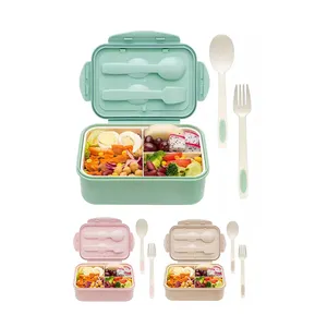 Caja Bento de plástico portátil para adultos y niños, fiambrera con 3 compartimentos, con cuchara y tenedor, 1400ml