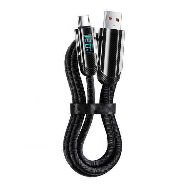 2024 New Design 120W Super Fast Charging USB to Type-C Data Cable Smart Digital Power Display Braided Transparent LED for Phone