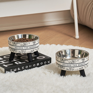 Cat &amp; <strong>Dog</strong> Stainless Steel Pet <strong>Bowl</strong> with Cat Graphic Leak Proof Modern Non-slip Anti-overturning High-foot Design Neck Protection - Product Image 2