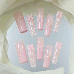 Uñas acrílicas artísticas hechas a mano de alta gama al por mayor, uñas postizas cuadradas de cobertura completa, estilo ballet rosa, diseño pintado a mano, personalizables - Product Image 2