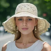 Sombrero de Sol de Ala Ancha para Mujer, Estilo Coreano, Plegable, Transpirable, de Hierba Natural, con Estampado por Transferencia de Calor, para Cabezas de 52-54cm - Product Image 5