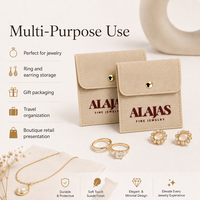 Pochette à bijoux élégante en microfibre beige avec logo personnalisé, fermoir doré, pour bagues et boucles d'oreilles, pochette en micro-suède OEM avec logo personnalisé