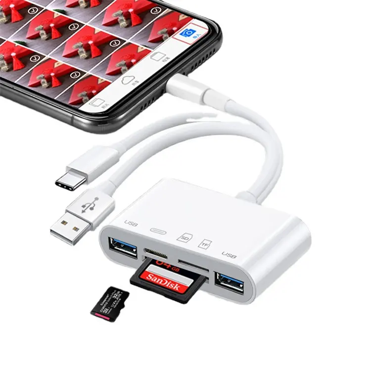 Lector de tarjetas de memoria 5 en 1 Adaptador extensor USB OTG y lector de tarjetas SD Dispositivos USB C y USB A con ranuras para tarjetas SD