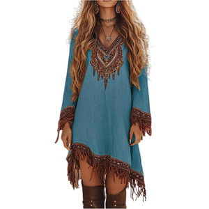 Robes de style occidental pour femmes Channel 2025, robes longues à manches longues imprimées, style cowgirl <span class=keywords><strong>chic</strong></span>, robes à franges asymétriques, robes mi-longues fluides - Product Image 3