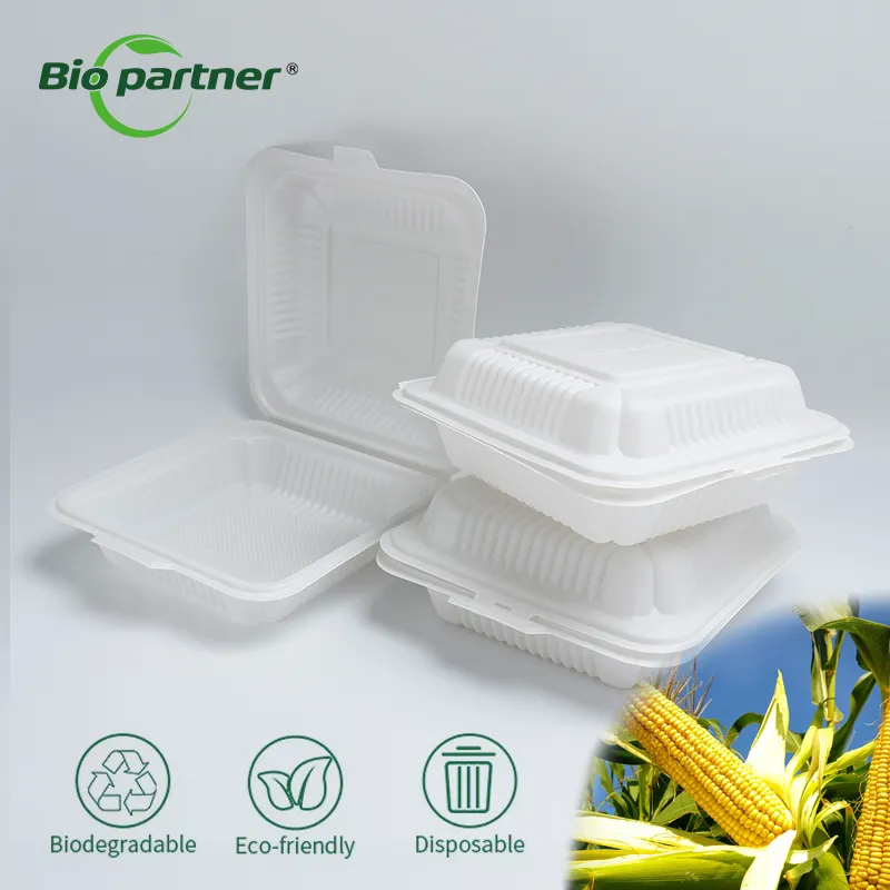 Conteneur biodégradable à charnière pour amidon de maïs Boîte à repas à prise rapide Boîte à nourriture jetable en plastique pour micro-ondes Vente en gros