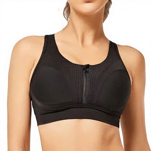 Soutien-gorge de sport noir pour femme à maintien élevé avec fermeture éclair avant, dos nageur, col rond, maille respirante, pour fitness et activités sportives - Product Image 1